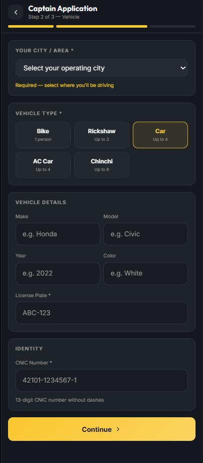 Add city and vehicle details screen