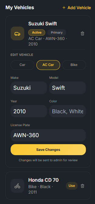 Manage vehicles screen