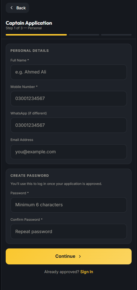 Captain registration screen