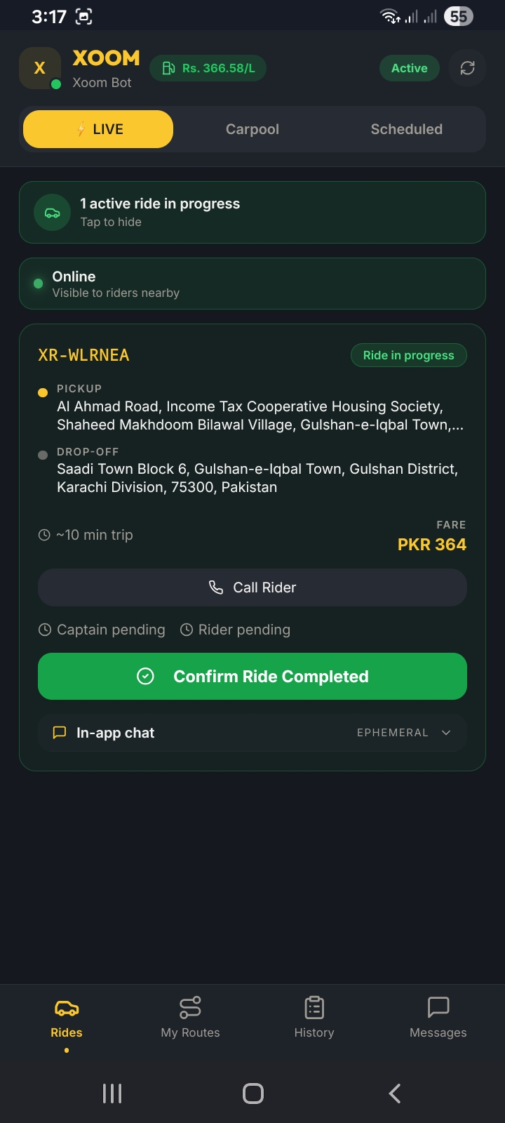 Ride in progress with Confirm Ride Completed button