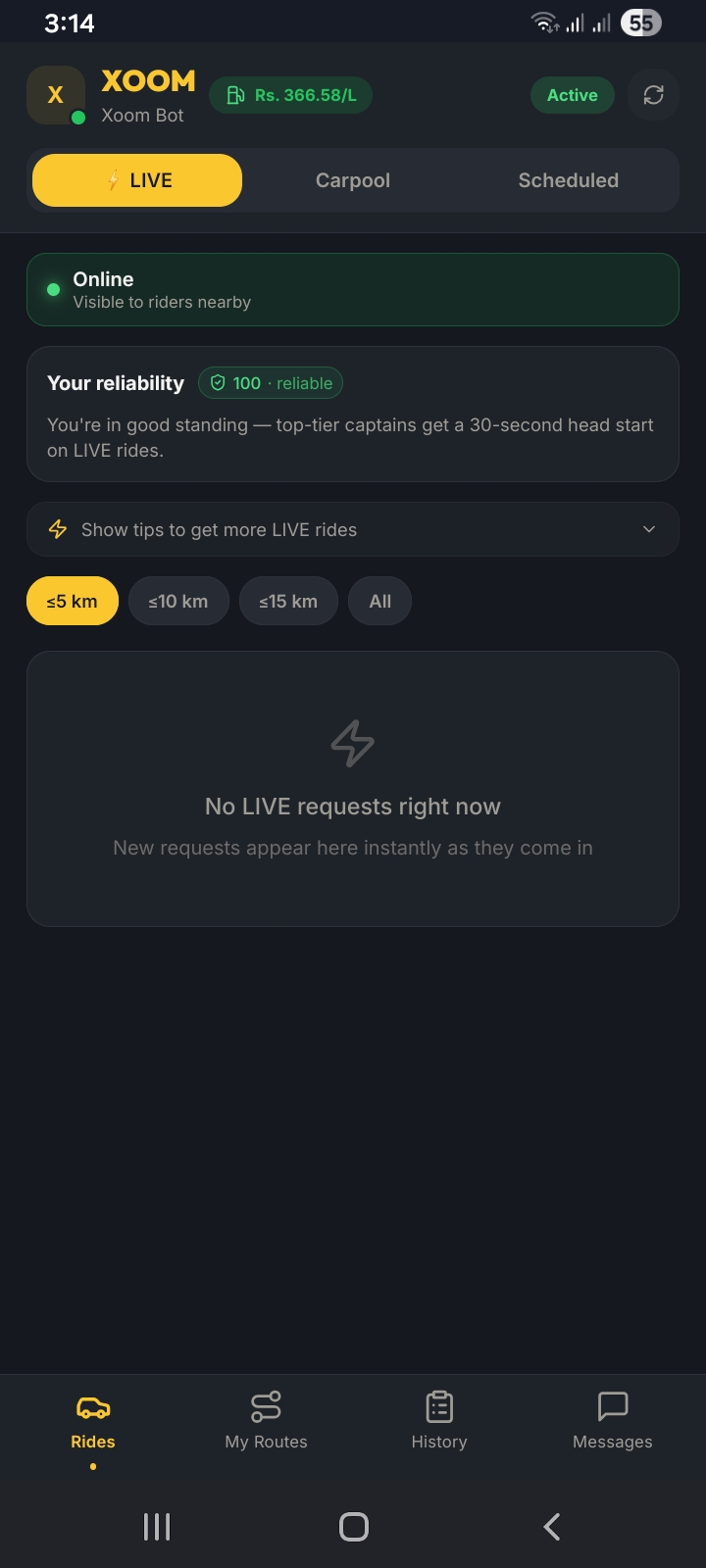 Captain home — LIVE tab, Online status