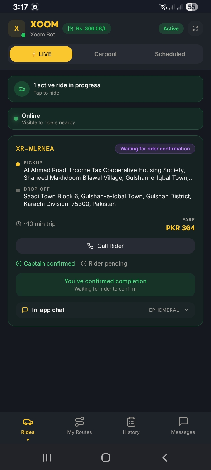 Ride completed — waiting for rider confirmation
