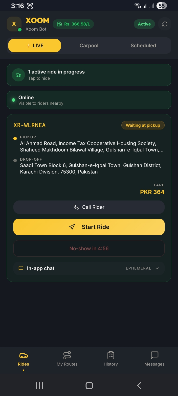Waiting at pickup with Start Ride button