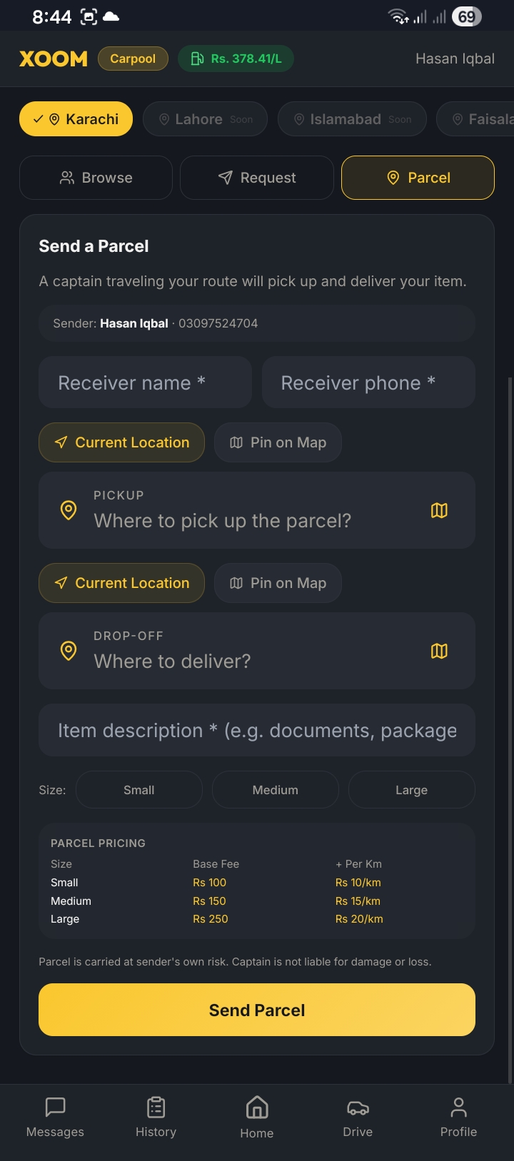 XOOM send parcel screen