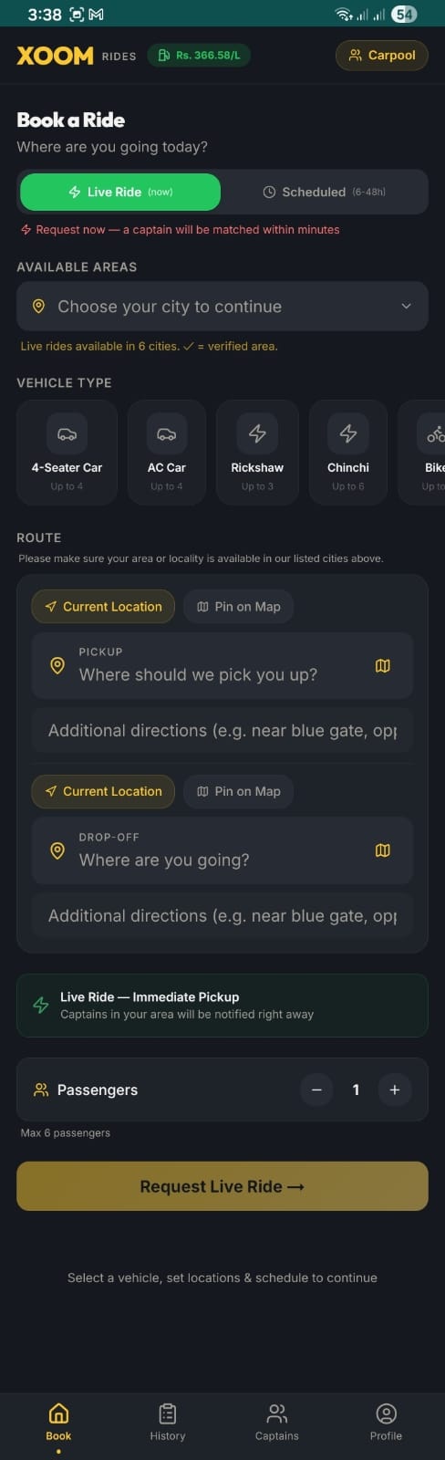 Book a LIVE Ride screen