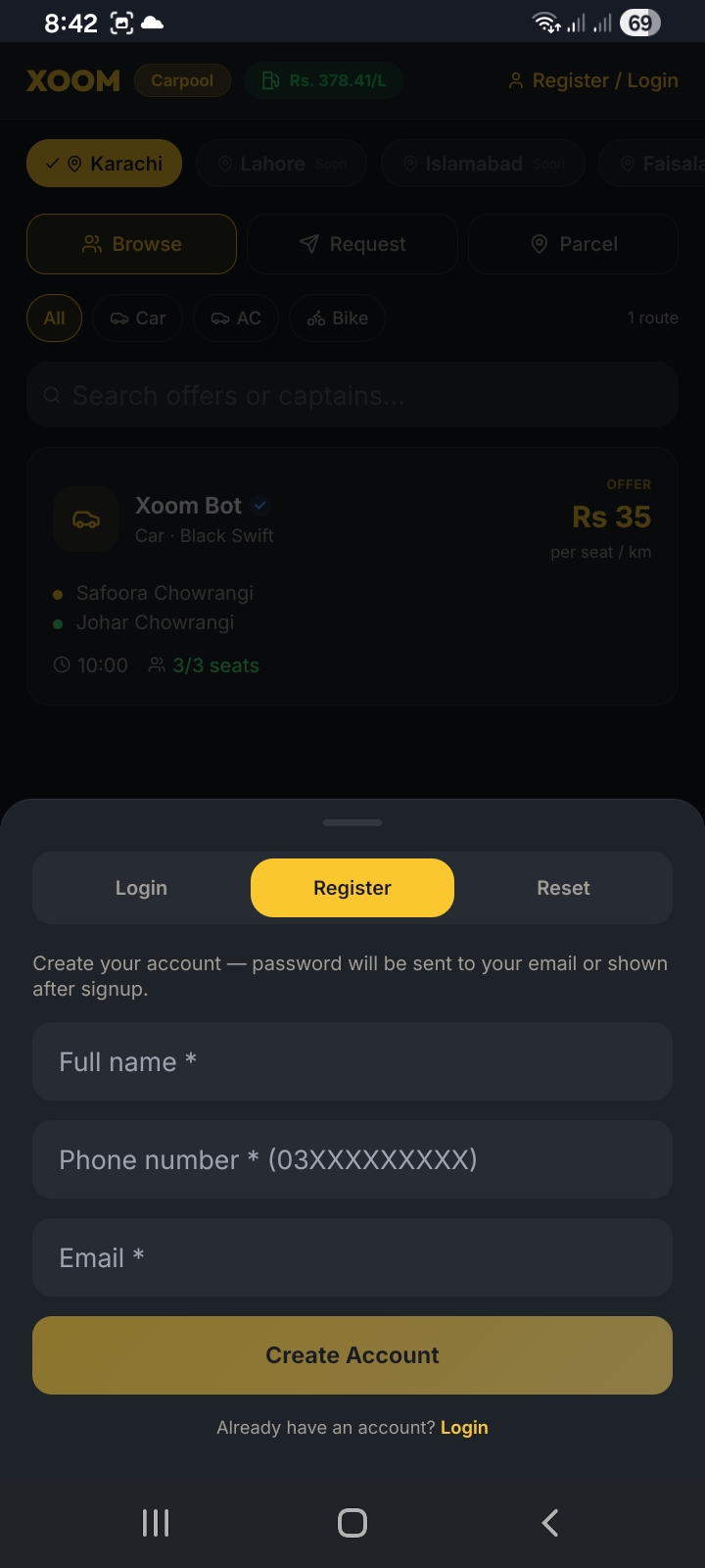 XOOM registration screen